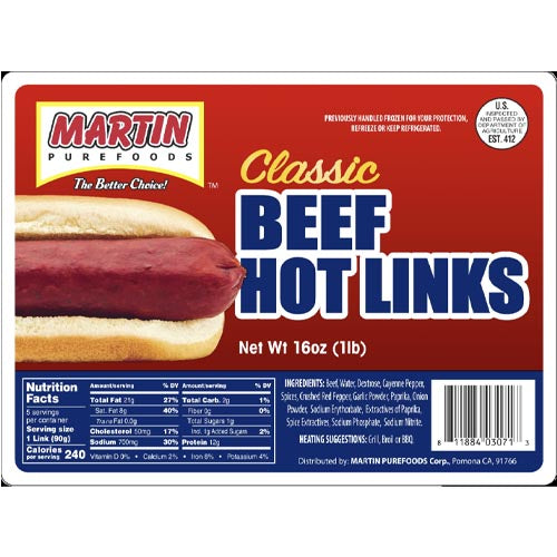 Martin Purefoods - Classic Beef Hot Links - 16 OZ