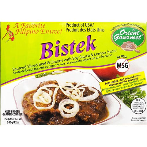 Orient Gourmet - Bistek - Sauteed Sliced Beef and Onions with Soy Sauce & Lemon Juice  - Fully Cooked - Just Heat and Serve - 12 OZ